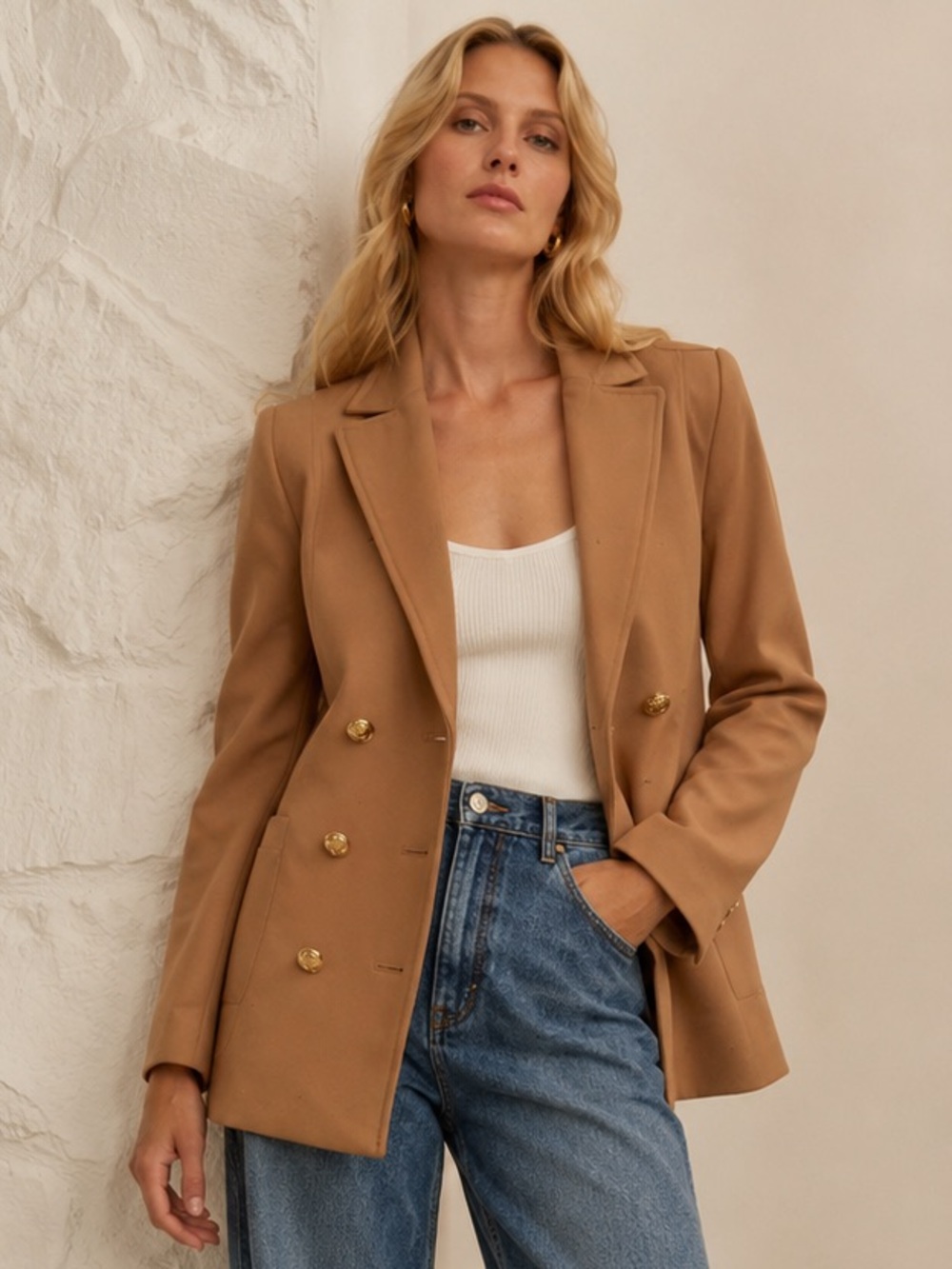 H&M Double-Breasted Camel Blazer with Gold Buttons